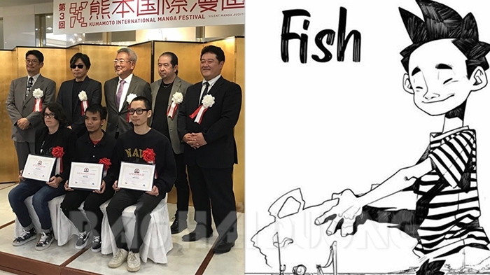 Anh Sơn (ngồi ngoài cùng bên phải) là một trong 2 tác giả đoạt giải cao nhất tại Liên hoan truyện tranh quốc tế Kumamoto năm 2019 (ảnh trái). Một cảnh trong truyện tranh 