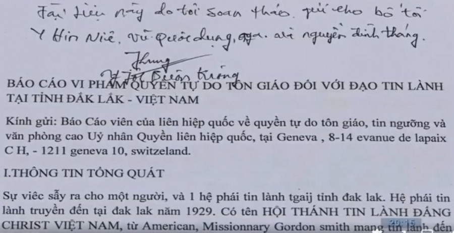 Tài liệu Yjôl Bkrông soạn, gửi cho Y Hin Niê (cha) và một số đối tượng khác, xuyên tạc về tự do tôn giáo đối với đạo Tin lành ở Đắk Lắk.  