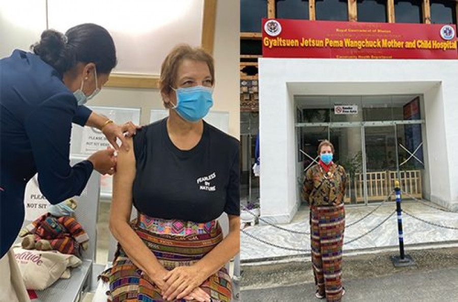 Bà Fran Bak được tiêm vaccine ngừa Covid-19 tại Bhutan. Nguồn: Thebhutanese.bt